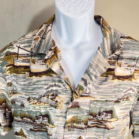 Madewell Men's ivory, green and brown Boxy Fit hawaiian shirt Small S EUC - Picture 1 of 5